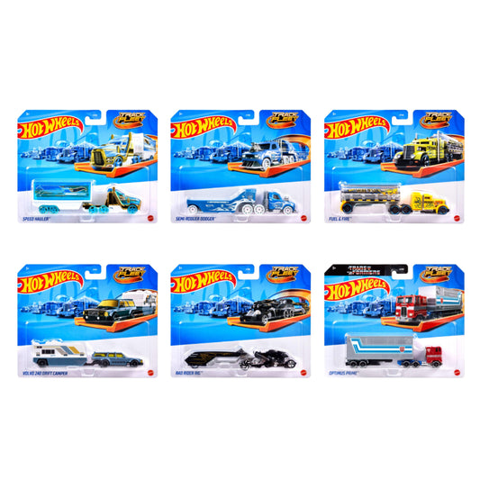 Coches de pista Hot Wheels variados en empaque colorido, vista frontal