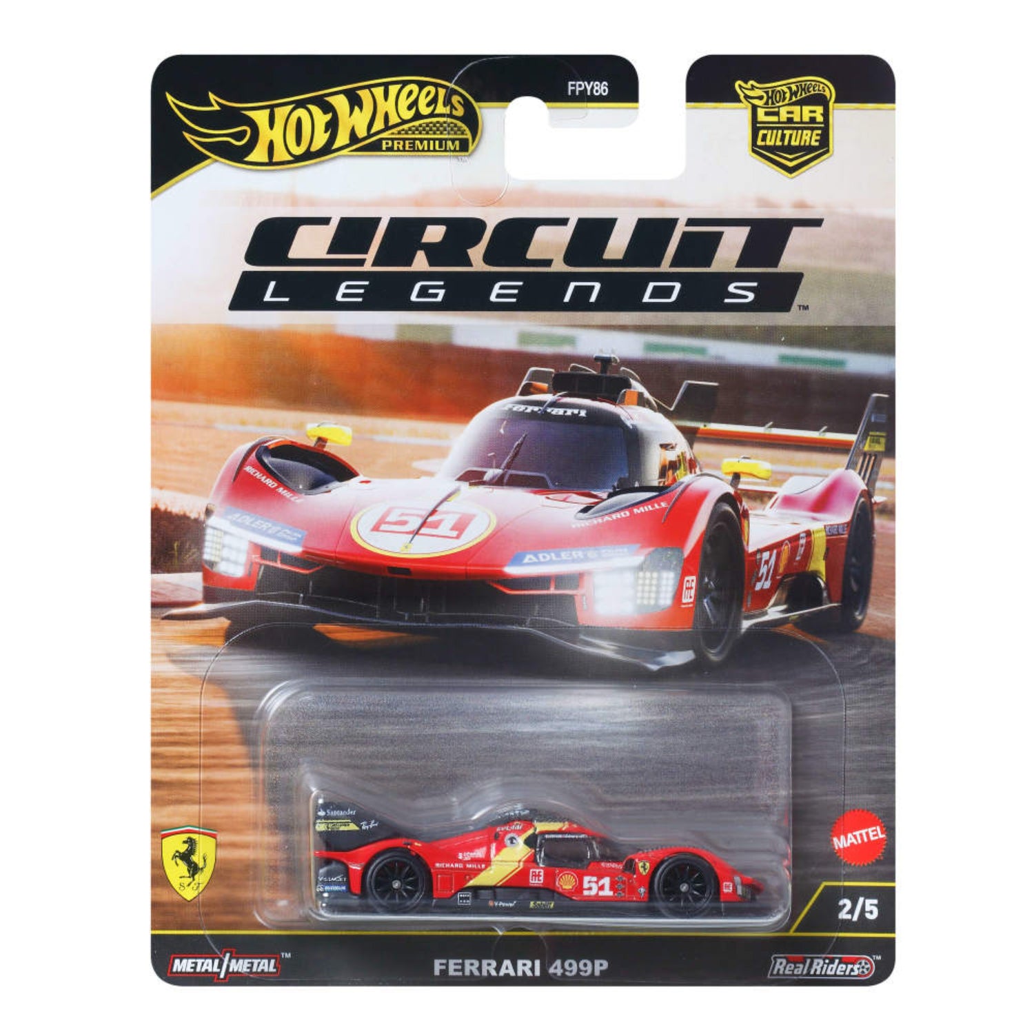 Hot Wheels Ferrari 499P rojo, vista frontal con fondo de carrera
