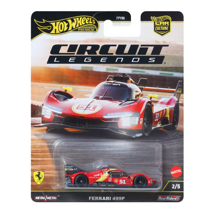 Hot Wheels Ferrari 499P rojo, vista frontal con fondo de carrera