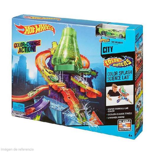 Juego Hot Wheels Color Splash Science Lab, pista de colores y auto verde