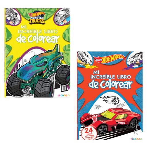 libro para colorear Hot Wheels y Monster Trucks, colores vivos y actividades creativas