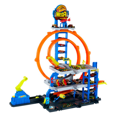 Pista de Hot Wheels Mega Garage con loops y varias pistas para coches de juguete