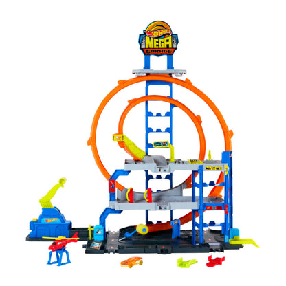 Garaje Mega Hot Wheels azul y naranja con rampa y loop