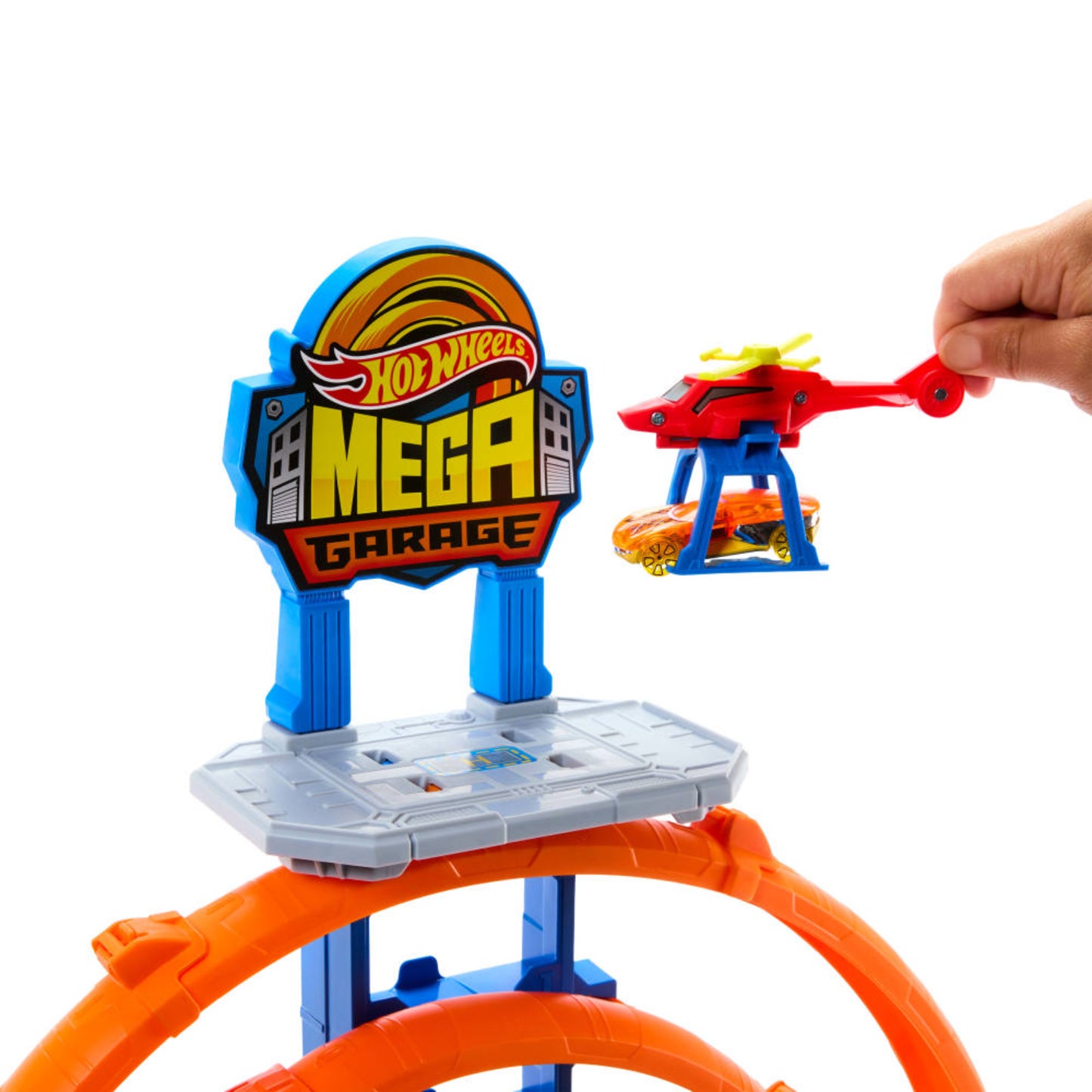 Garaje Mega Hot Wheels con pista naranja y grúa para jugar