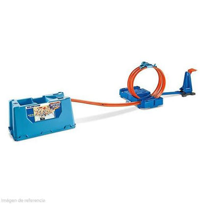 Pista de Hot Wheels naranja y azul con bucle y lanzador para coches de carreras