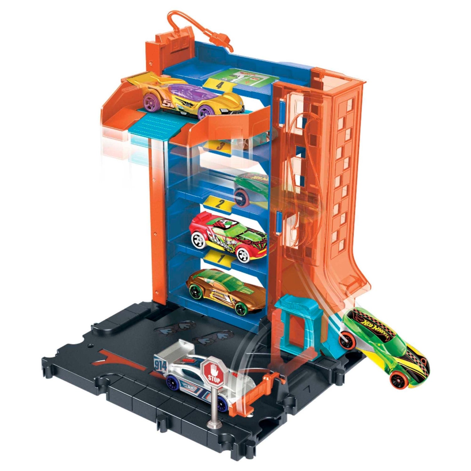 Pista Hot Wheels naranja con varias rampas y coches en acción