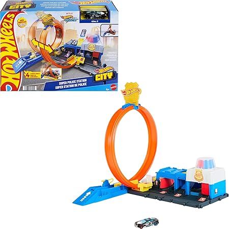 Pista Hot Wheels Super Estación de Policía con loop y juguetes