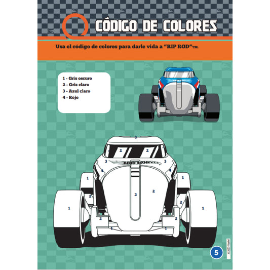 Auto Hot Wheels modelo RIP ROD en blanco y negro, vista frontal y lateral para colorear