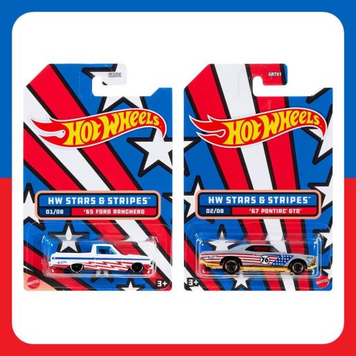Carrito Hot Wheels modelo Ford Ranchero y Pontiac GTO con diseño de estrellas y rayas