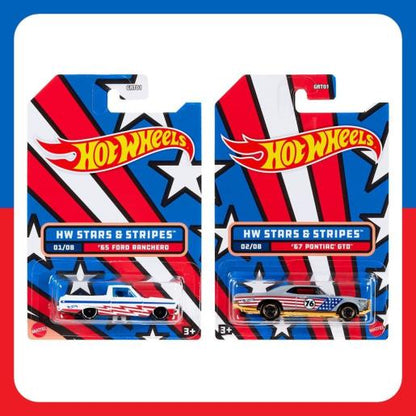 Carrito Hot Wheels modelo Ford Ranchero y Pontiac GTO con diseño de estrellas y rayas