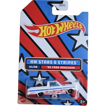Carrito Hot Wheels rojo y azul, modelo '65 Ford Ranchero en empaque