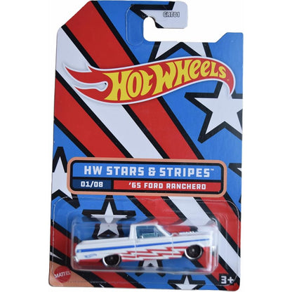 Carrito Hot Wheels rojo y azul, modelo '65 Ford Ranchero en empaque