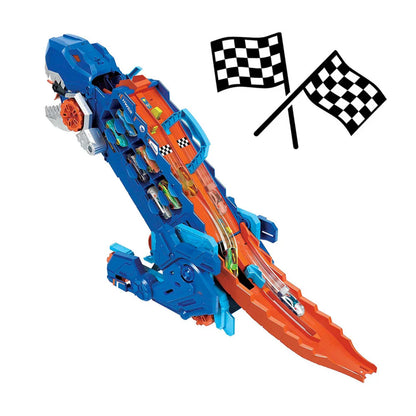 Figura de dinosaurio azul y naranja con pista de carreras y coches, ideal para diversión infantil