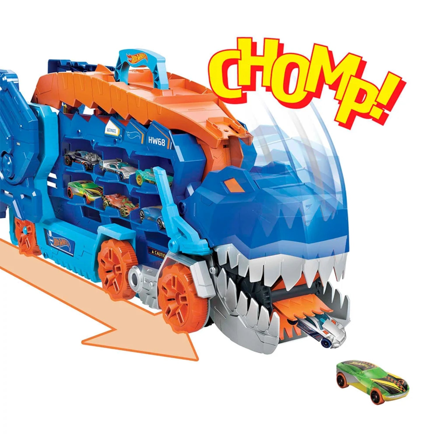 Figura de dinosaurio azul con autos dentro y función de chomp en acción