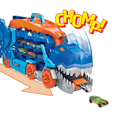 Figura de dinosaurio azul con autos dentro y función de chomp en acción