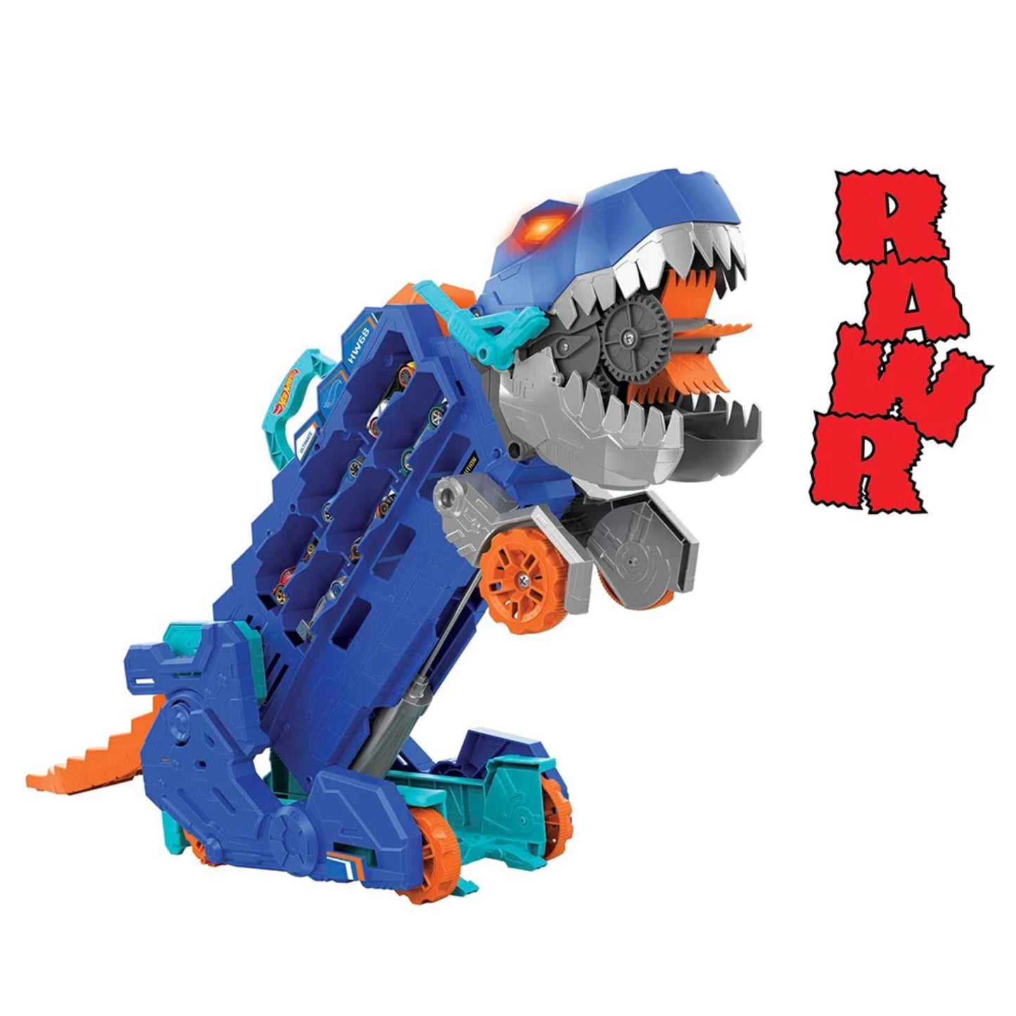 Figura de dinosaurio azul con detalles naranjas, vista lateral, juguetes MATTEL