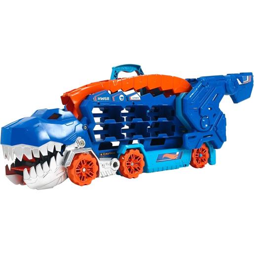 Figura de dinosaurio azul y naranja con ruedas, ideal para juegos de acción