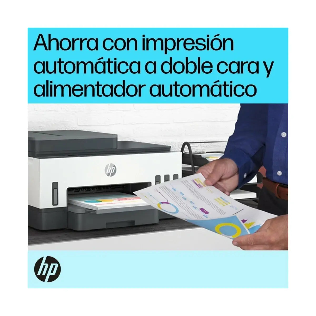 Impresora HP LL05 con doble cara y alimentador automático, oficina moderna