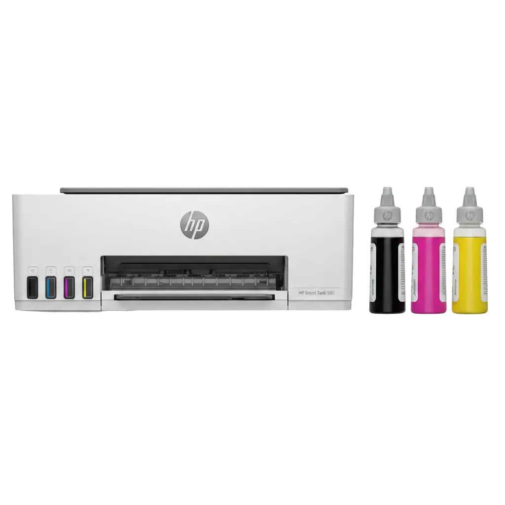 Impresora HP LL05 blanca, vista frontal con tintas de colores