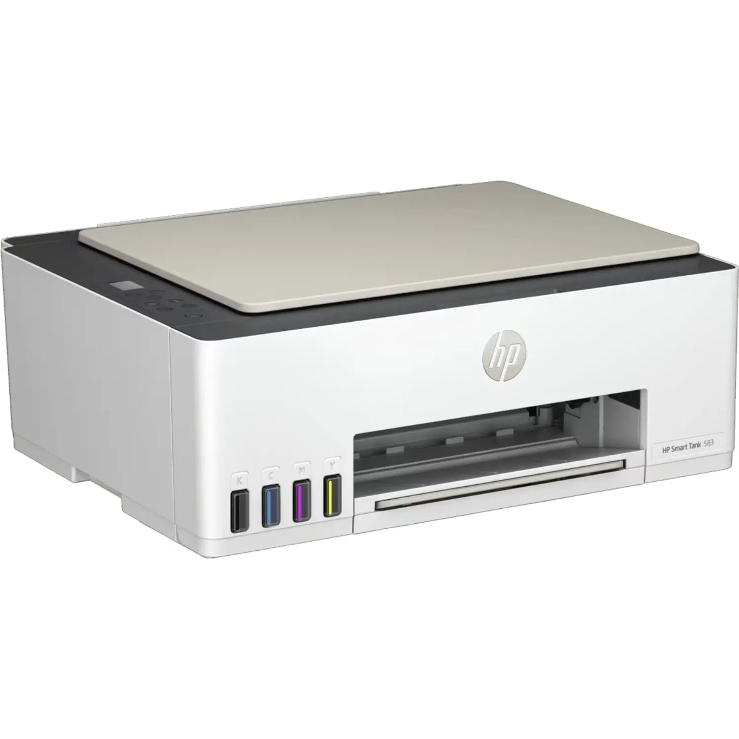 Impresora HP blanca, vista frontal, ideal para oficina doméstica