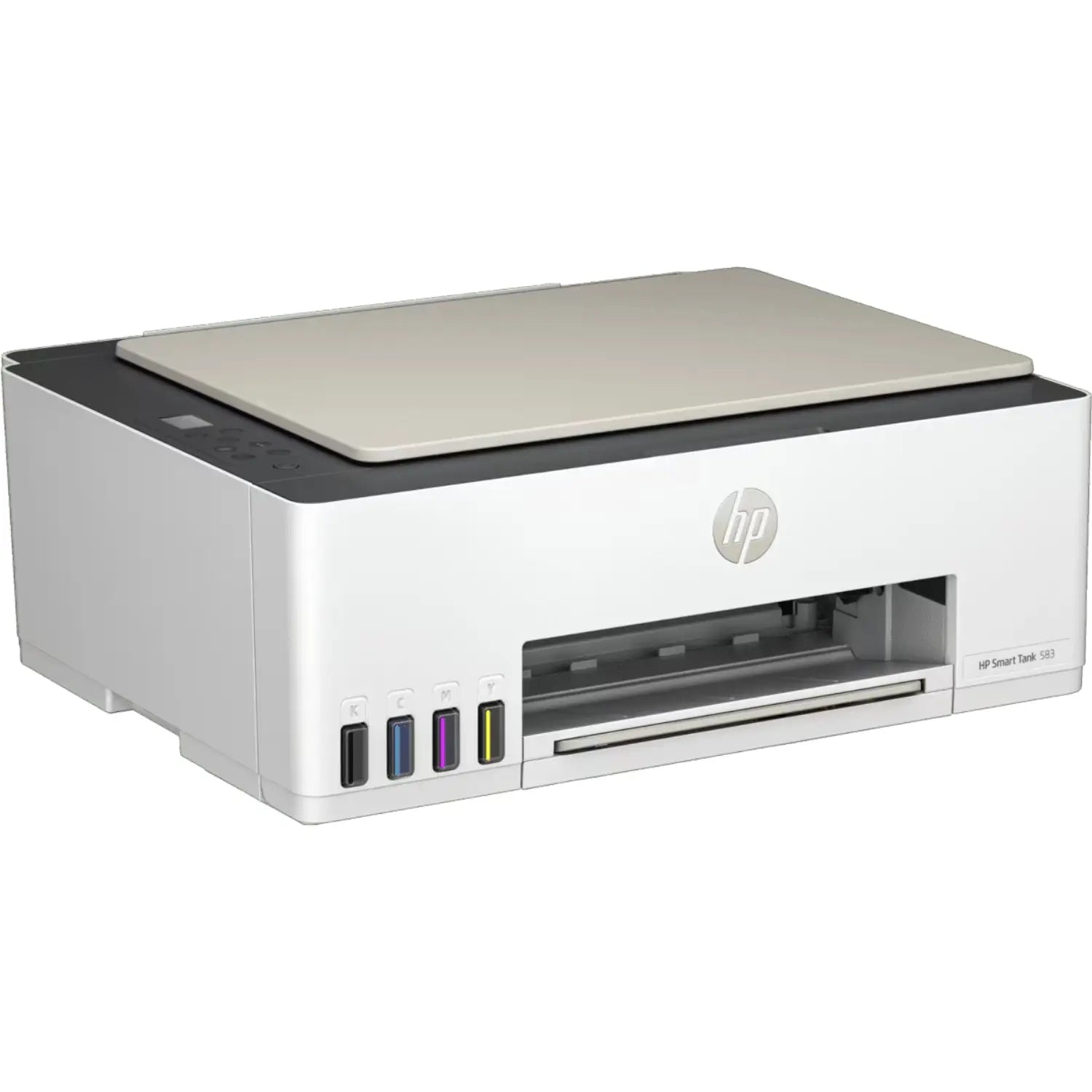 Impresora HP blanca, vista frontal, ideal para oficina doméstica