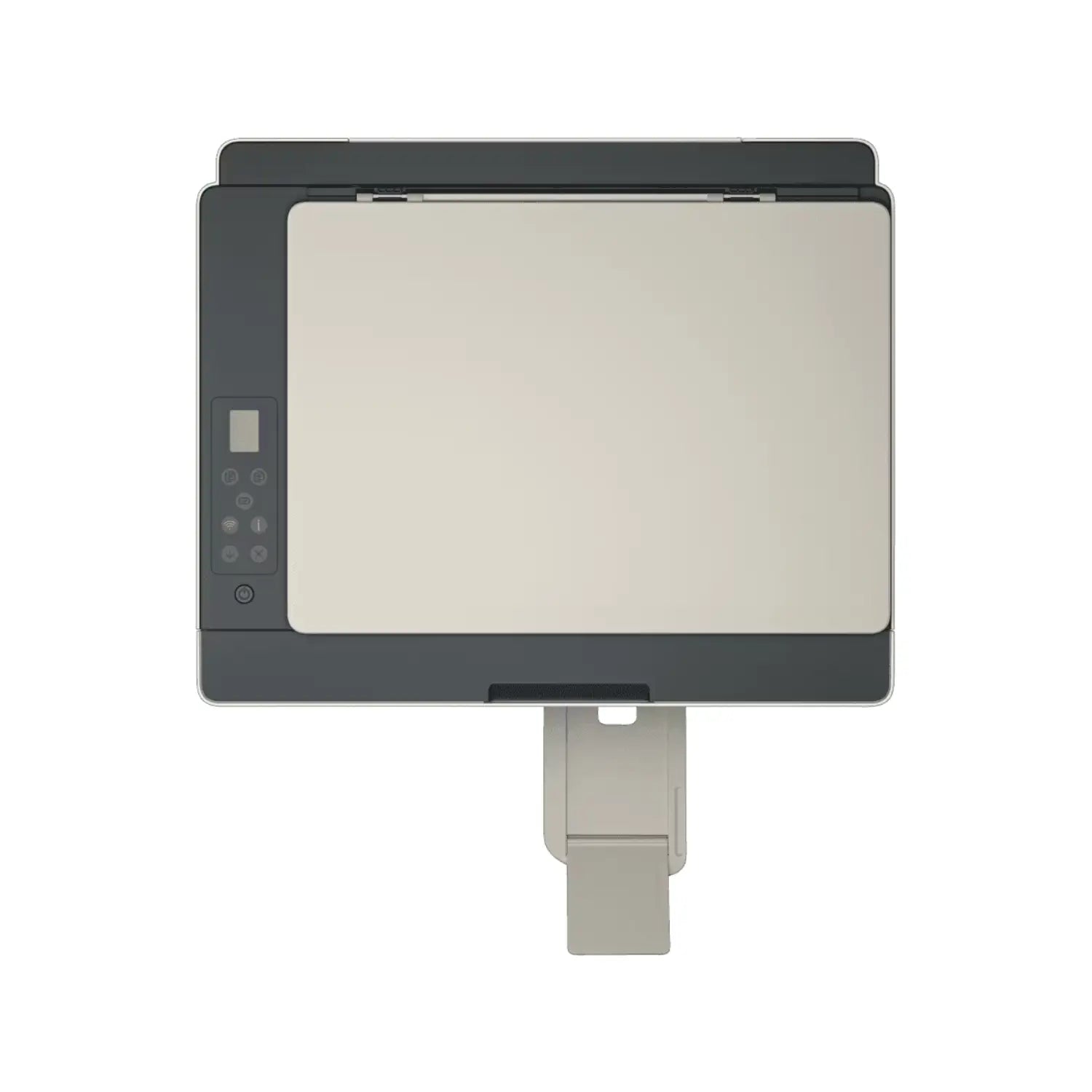 Impresora HP color gris oscuro vista superior, ideal para oficina