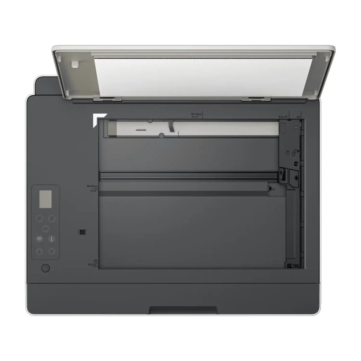 hp impresora negra vista superior, escáner abierto