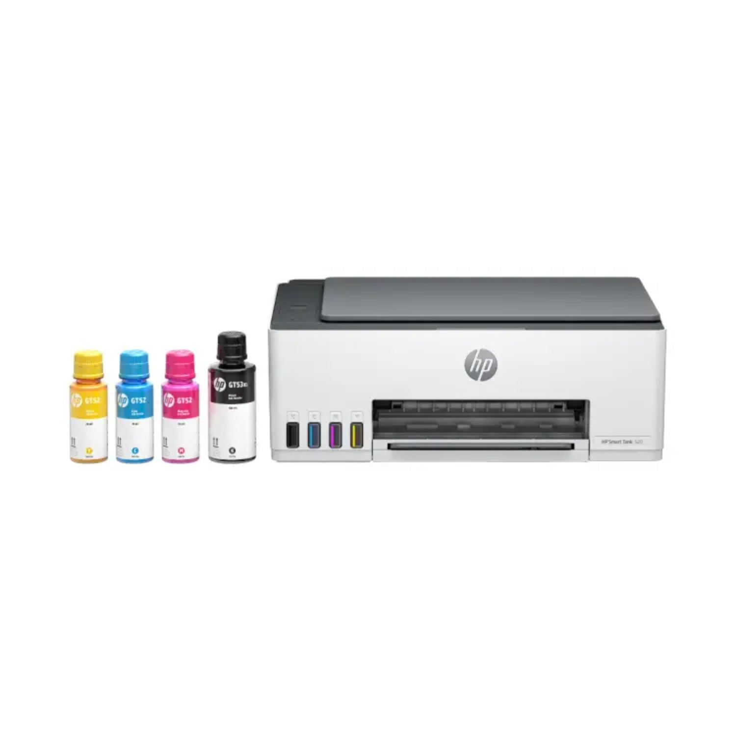 Impresora HP con frascos de tinta de colores, vista frontal.