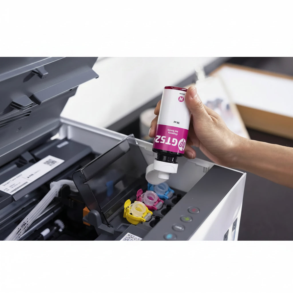 Impresora HP con cartuchos de tinta color, vista superior y contexto de llenado