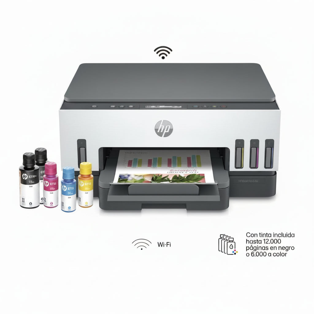 Impresora HP multifuncional, color blanco y gris, vista frontal con cartuchos de tinta