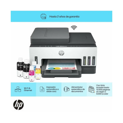 Impresora HP LL05 blanca y negra, vista frontal con tinta y conexión Wi-Fi