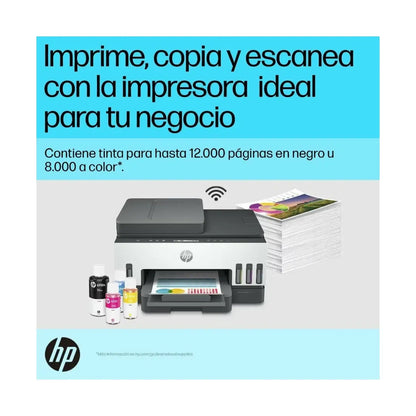 Impresora HP blanca frontal, ideal para negocios, incluye tinta para 12.000 páginas