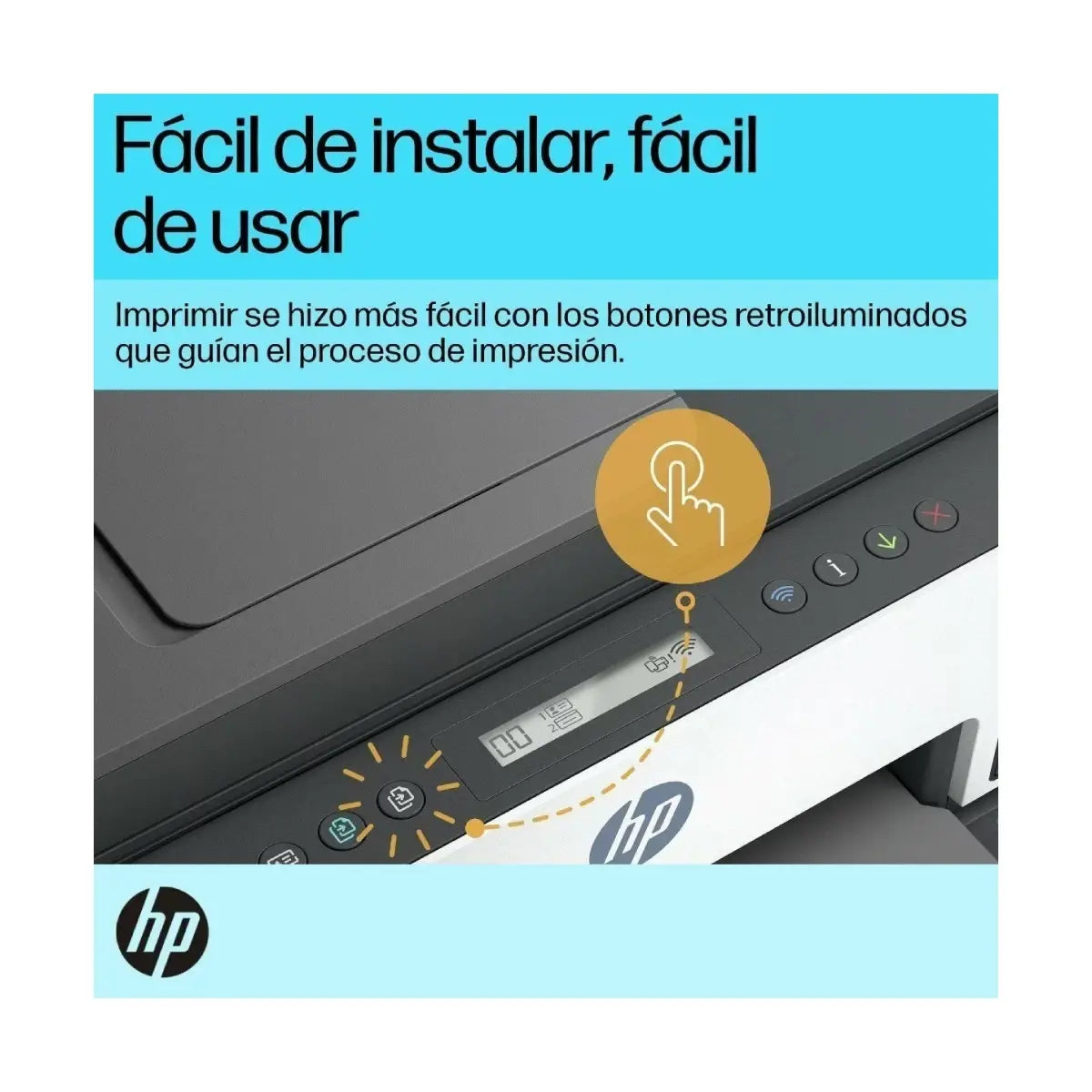 Impresora HP con botones retroiluminados, fácil de instalar y usar