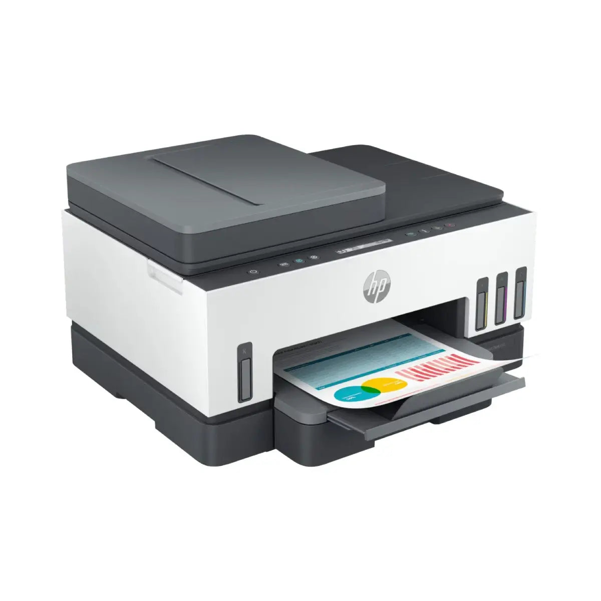 Impresora HP LL05 negra y blanca, vista frontal con documentos impresos
