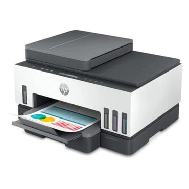 Impresora HP multifuncional blanca con escáner y bandeja de salida