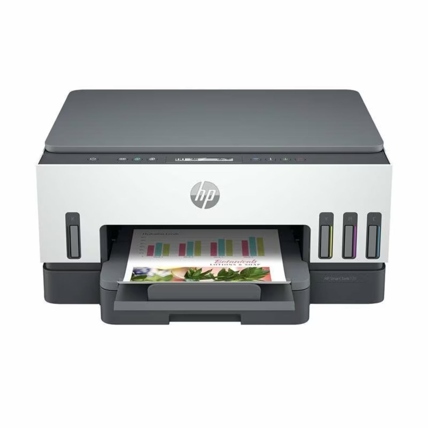 Impresora HP en blanco y gris con papel impreso frente a ella