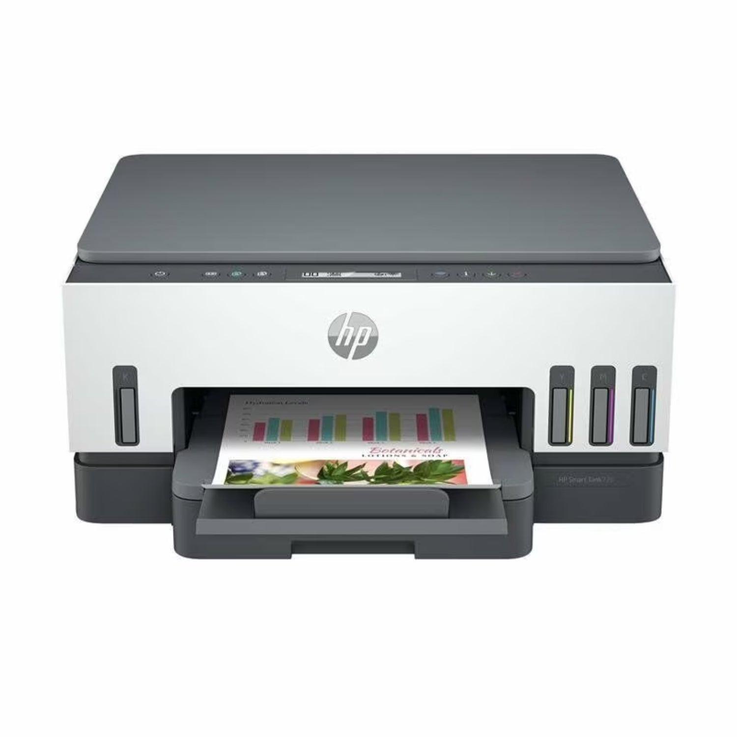 Impresora HP en blanco y gris con papel impreso frente a ella