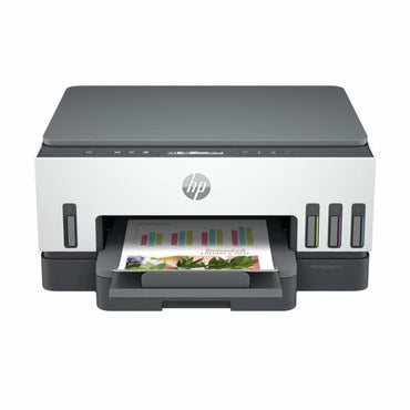 Impresora HP blanca, vista frontal, impresión de gráficos coloridos