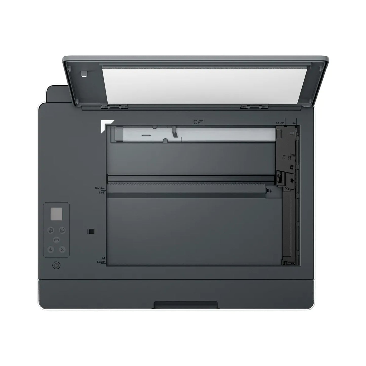 Impresora negra HP vista superior, ideal para oficina o hogar