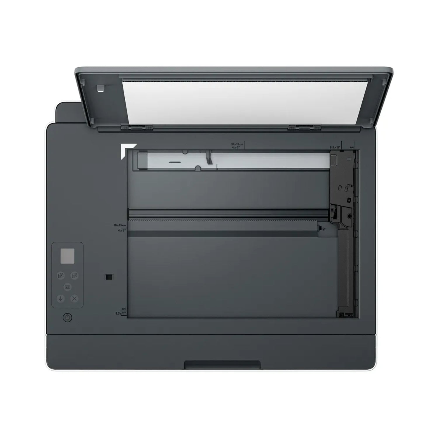 Impresora negra HP vista superior, ideal para oficina o hogar