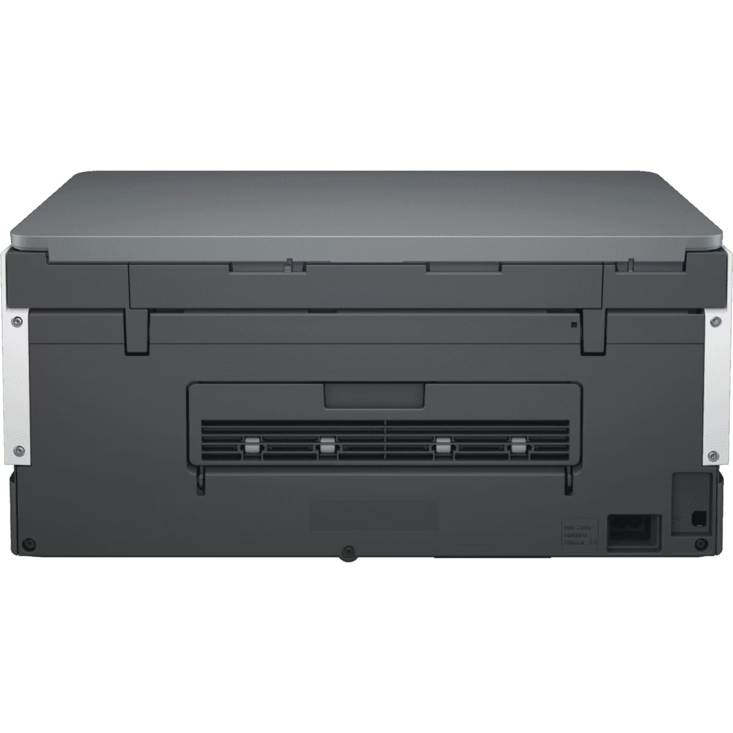 Impresora HP negra vista trasera, ideal para oficina y trabajo desde casa
