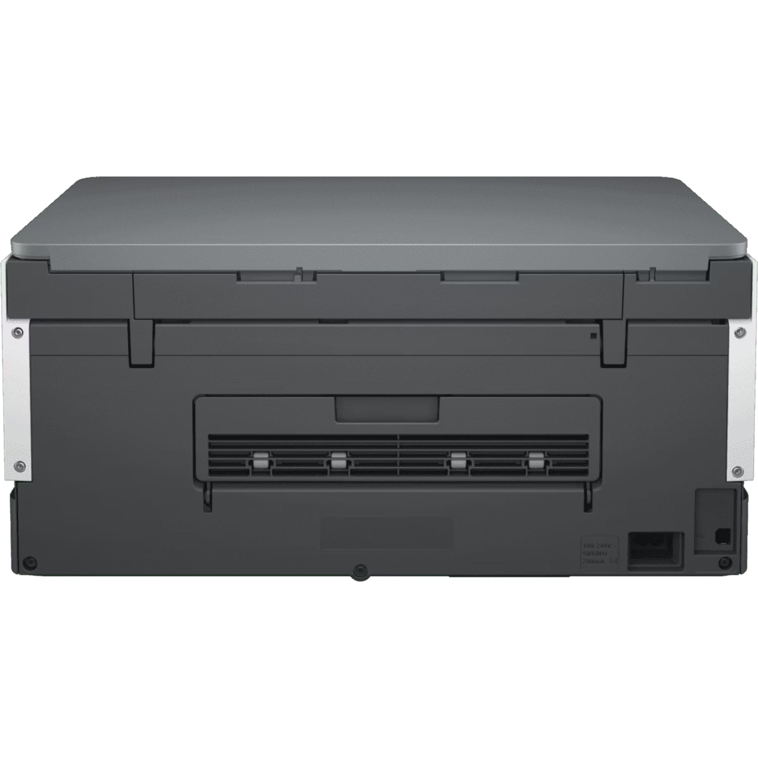 Impresora HP negra vista trasera, ideal para oficina y trabajo desde casa