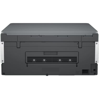 Impresora HP negra vista trasera, ideal para oficina y trabajo desde casa