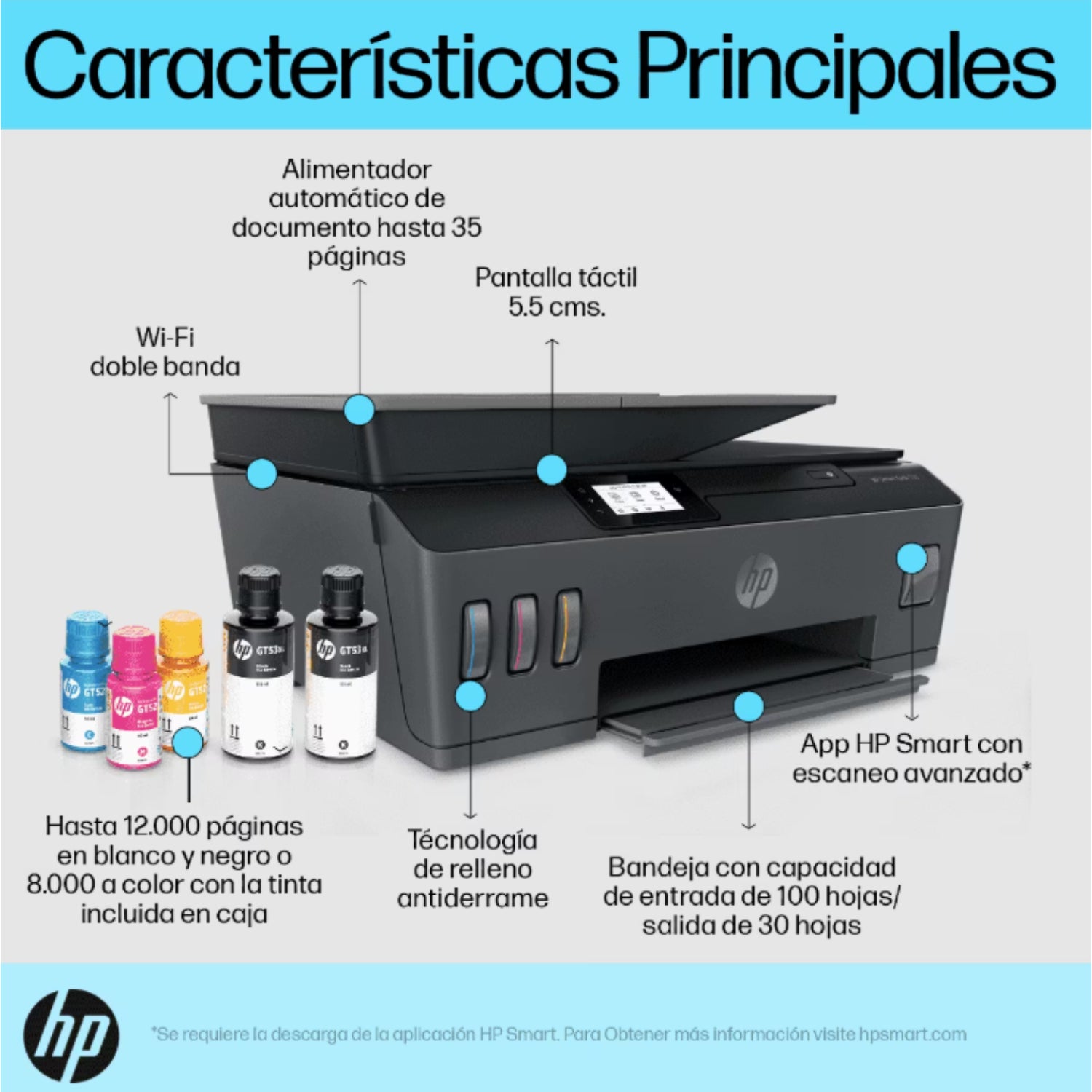 Impresora HP LL05 negra, vista superior con bandeja abierta y cartuchos de tinta