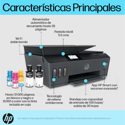 Impresora HP LL05 negra, vista superior con bandeja abierta y cartuchos de tinta