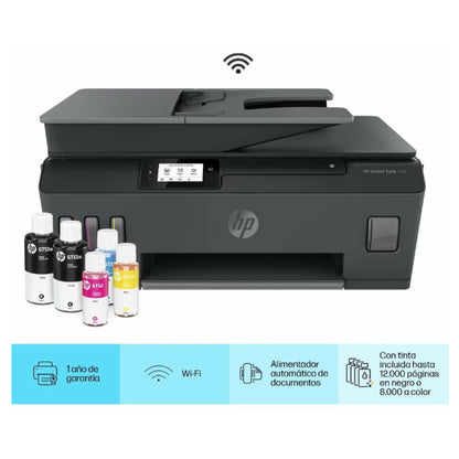 Impresora HP LL05 negra vista frontal con tinta y conectividad Wi-Fi