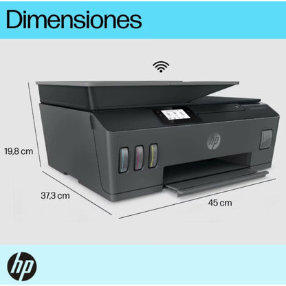 Impresora HP multicolor vista lateral con dimensiones en la parte superior