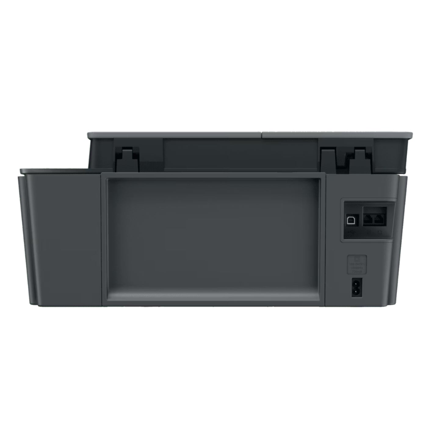 Impresora HP modelo LL05, vista trasera con puertos y espacio para papel