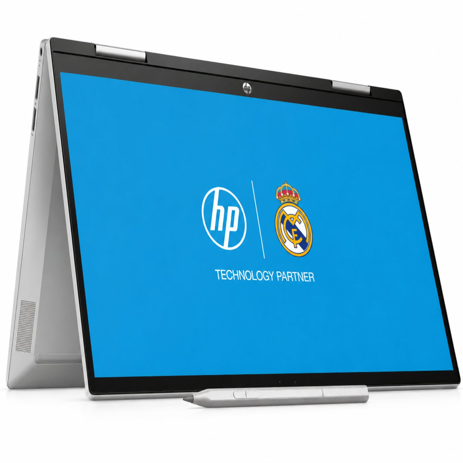 Laptop HP gris con pantalla táctil, vista frontal en modo tablet