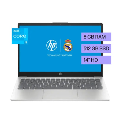 Laptop HP 14 pulgadas pantalla HD, vista frontal con logo de Real Madrid